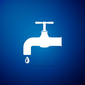 水水龙头与下降的水滴图标被隔离在蓝色背景。平面设计。矢量插图