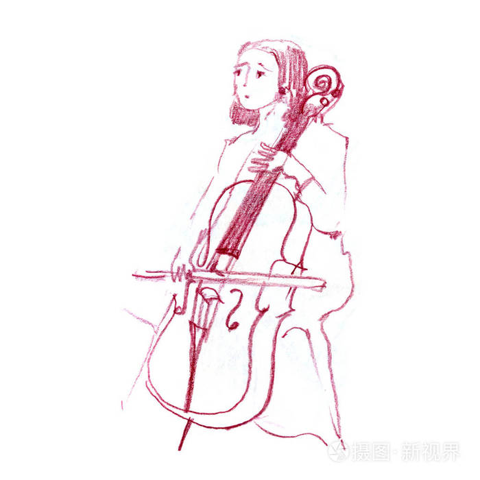 演奏大提琴大提琴演奏家音乐家音乐手画铅笔插图的女孩素描