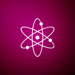 在紫色背景上隔离的原子图标。科学教育核物理科学研究的象征。电子和 protonssign。平面设计。矢量插图