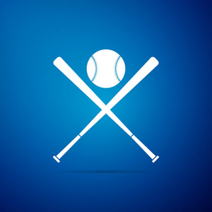 越过棒球蝙蝠和球图标被隔离在蓝色背景。平面设计。矢量插图