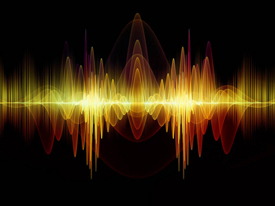 波函数系列。音频均衡器音乐谱和量子概率项目的彩色正弦振动光和分形元素的抽象组成