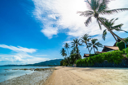 美丽的热带海滩海和沙子与椰子棕榈树在蓝天白云为旅行和假期