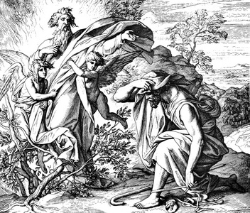 蛇摩西在何烈山击打磐石在圣经故事中,快乐的摩西分开红海的卡通插图