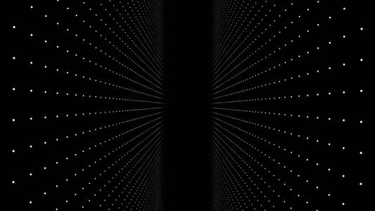 通过抽象分形发光点矩阵格的移动。飞入几何闪光点结构。模拟了黑色空间中垂直星片的缓慢飞行。抽象未来宇宙