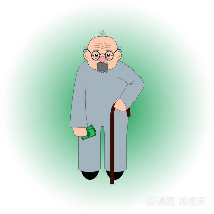 戴眼镜和胡须的老人一只手拿着拐杖, 另一手拿着钱.