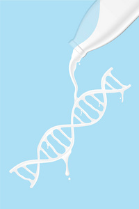 牛奶飞溅 Dna 形状从玻璃瓶, 世界牛奶日概念3d 虚拟设计插图在蓝色背景上与复制空间隔离, 矢量 eps 10