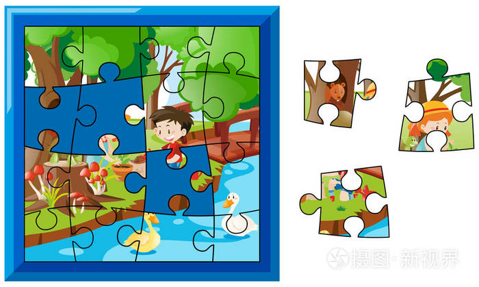 拼图游戏与孩子们在花园里