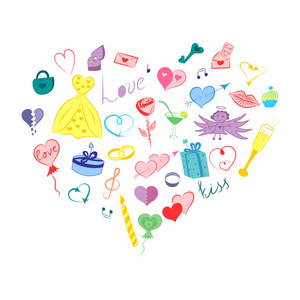 手绘情人节符号。儿童的可爱涂鸦图纸的多彩的心，礼品，戒指，气球排列在心的形状。素描样式