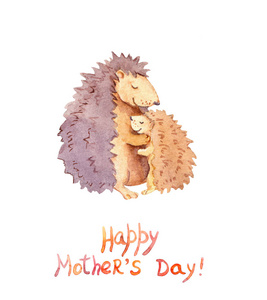 母亲节与动物家庭的的卡.水彩照片