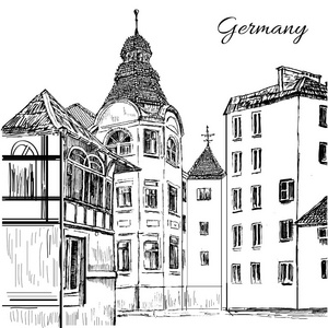 旧瓦房子, 德国, 欧洲, 矢量手绘制的图, 墨刻上白色,历史建筑艺术
