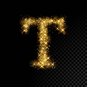 在黑色背景上的金闪闪发光字母 t照片