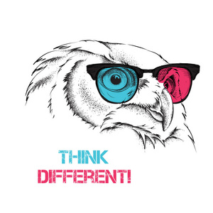 猫头鹰在有色眼镜的画像。认为不同。矢量图