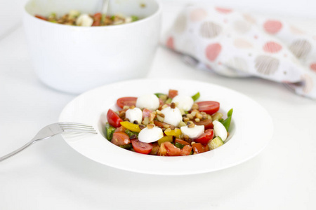 美味的食物 自制的夏季健康沙拉与西红柿在白色盘子, 特写