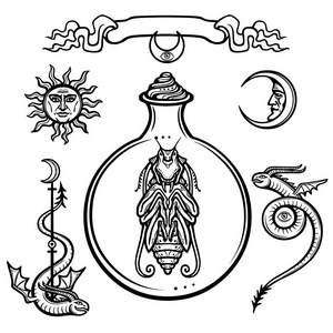 组的炼金术符号。生命的起源。在试管中的神秘实体。宗教，神秘主义，神秘主义，巫术。孤立在白色背景上的矢量图