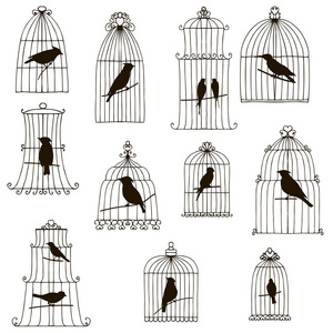 矢量鸟在笼子里的剪影
