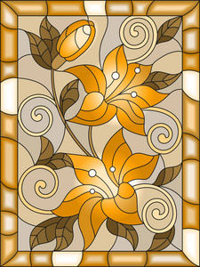 在花和叶的百合花，口气棕色，棕褐色的彩色玻璃风格的插图