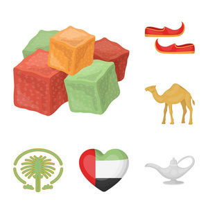 国家阿拉伯联合酋长国的卡通图标集为设计集。旅游与吸引力矢量符号股票插图