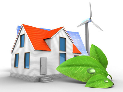 房子与太阳能和风能能源图片