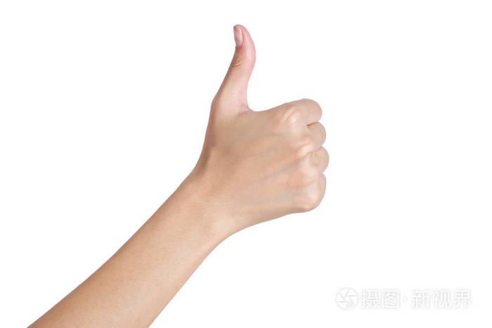 女人的手手势标志竖起拇指背侧白色背景上的分离
