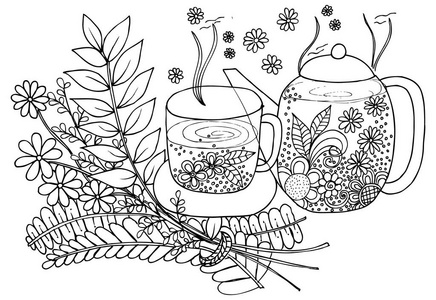 涂鸦绘图杯花草茶对表和美丽的花