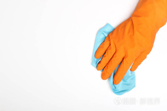 橙色手套和蓝色抹布