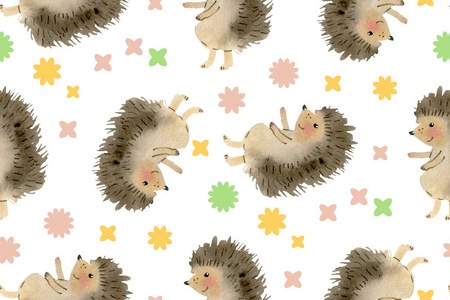 猬与卡通刺猬无缝模式.手绘插图.水彩摄影图