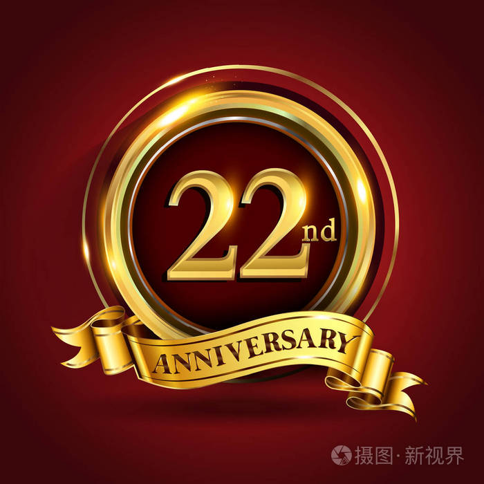 22年周年纪念庆祝标识带金色戒指和丝带的标志在深红色背景问候或邀请