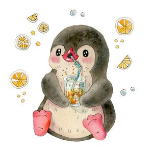 llustration 与滑稽卡通企鹅与橙汁隔离在白色的背景。水彩和墨水画