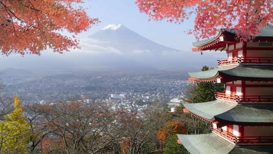 秋天的颜色在日本美丽的富士山的形象