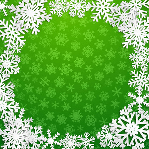 绿色背景下的白色雪花圆形框架圣诞插图