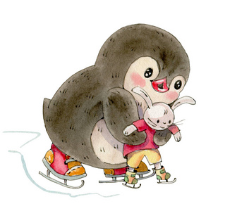 冬季插图与滑稽卡通企鹅在溜冰鞋和一个玩具兔子孤立的白色背景.