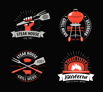 烧烤, 烧烤, 烧烤标志或标志。餐厅或咖啡馆的菜单标签。矢量插图