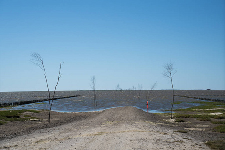 被洪水淹没在涨潮和标记与分支到丹麦海岛曼多妮的路