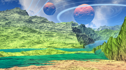 幻想外星人的星球。岩石和湖