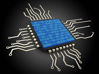 计算机芯片和内部的二进制代码照片