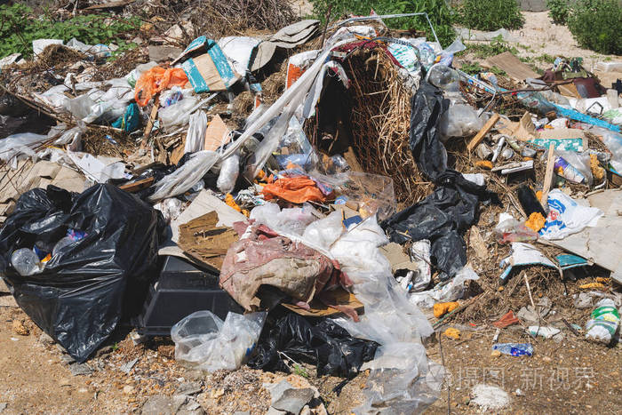 垃圾大堆垃圾和垃圾倾倒在自然或公园的城市污染环境与臭味
