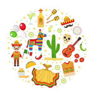 Cinco de Mayo 庆祝在墨西哥，图标设置圆形状，设计元素，平面样式。矢量图