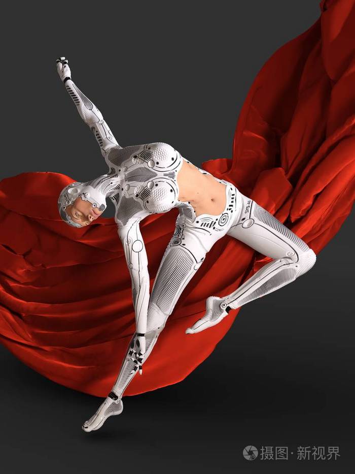 女子机器人舞蹈与红色布3d 插图