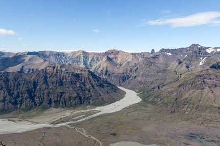 南冰岛冰碛冰川河的鸟瞰在明亮的绿色之间蜿蜒的河网