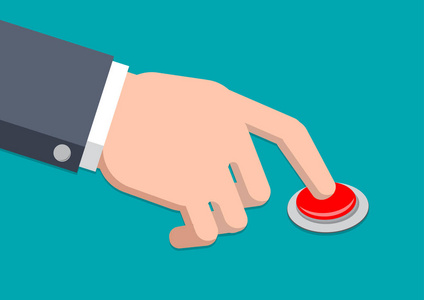 在诉讼中的一只手摁-矢量图侧面观平式香菇, 钮菇人按下按钮问号符号