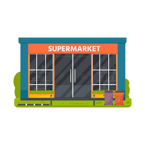 矢量平面设计餐厅外观和店铺门面 超市。商店前窗建筑图标在白色背景下被隔离