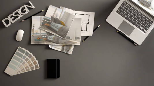 建筑师设计理念, 深色办公桌与电脑, 纸稿, 卧室工程图象和蓝图。样品颜色材料调色板, 创造性的背景想法与拷贝空间