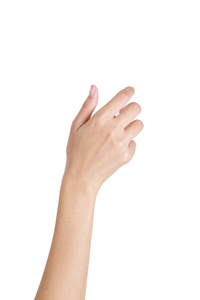 女人的手拿着东西空背一侧,在白色背景上孤立照片