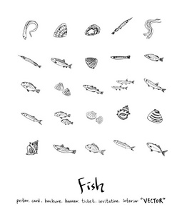 手工绘制食品配料海洋食品菜单插图矢量