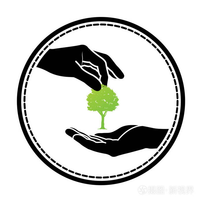 绿色树标志在人的手.自然图标和生态学概念, 向量例证