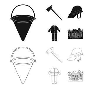 斧头, 头盔, 制服, 燃烧的建筑物。火 departmentset 集合图标在黑色, 轮廓样式矢量符号股票插画网站