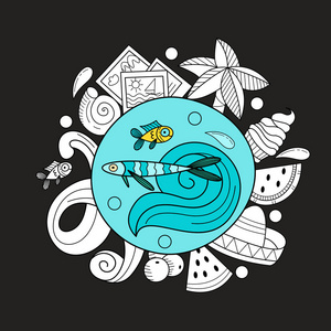 夏天, 休息, 出海, 休息.矢量插图.手绘矢量涂鸦.
