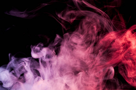 浓密的彩色烟雾, 粉红色, 紫色, 红色的黑色孤立背景。从 vap 的烟雾背景