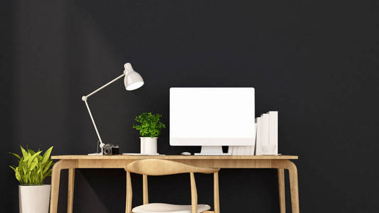 工作场所和轻型黑墙在公寓或家庭阳光天艺术品的室内设计3d 渲染