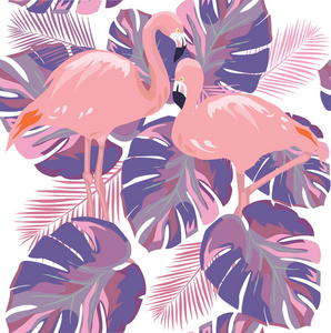 矢量插图无缝热带背景火烈鸟, 热带叶。超紫色纹理抽象背景